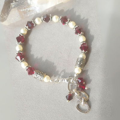 "Feel Grounded & Protected" Garnet, Pearl & Silver Bracelet - Artisan Made