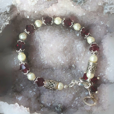 "Feel Grounded & Protected" Garnet, Pearl & Silver Bracelet - Artisan Made