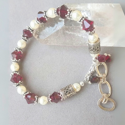 "Feel Grounded & Protected" Garnet, Pearl & Silver Bracelet - Artisan Made