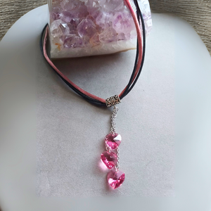 "Floating Hearts" Vintage Swarovski Crystal Hearts & Leather Cord Necklace - Artisan Made