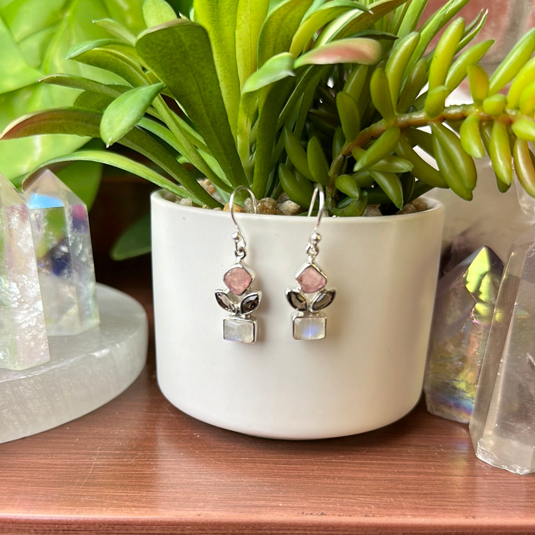 Flower Design Earrings with Rose Quartz, Smoky Quartz, & Moonstone