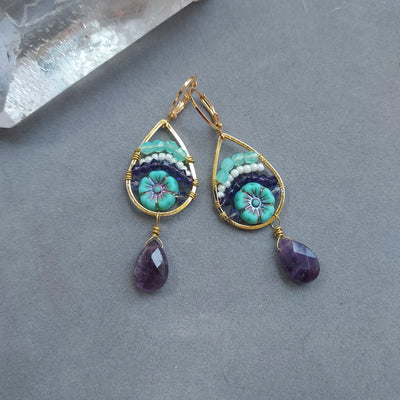 "Flower Garden" Amethyst & Crystal Hoop Earrings - Artisan Made
