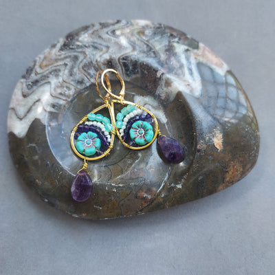 "Flower Garden" Amethyst & Crystal Hoop Earrings - Artisan Made