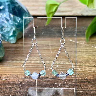 Fluorite and Iolite Dangle Earrings - Artisan Made