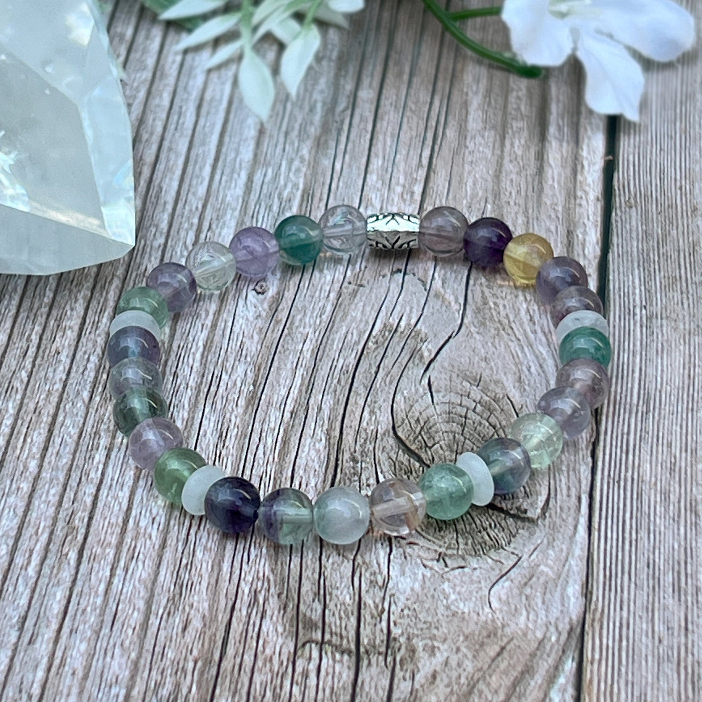 Fluorite and Quartz Crystal Stretch Bracelet - Artisan Made