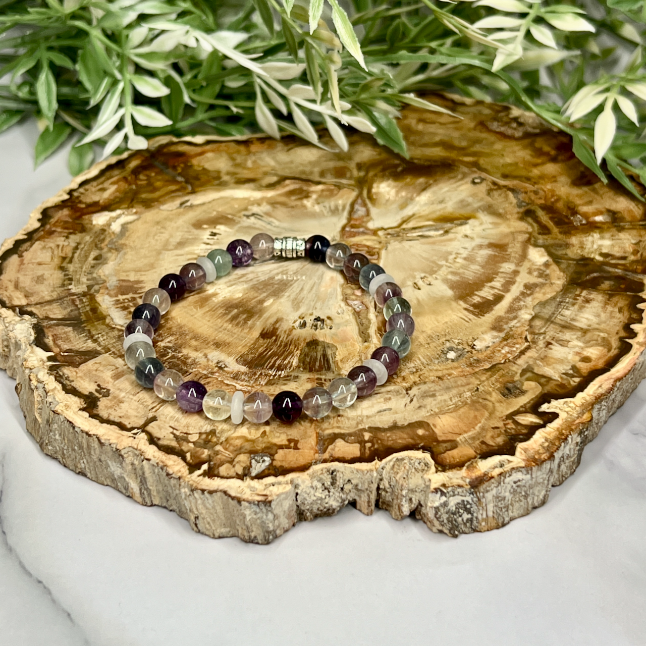 Fluorite and Quartz Crystal Stretch Bracelet - Artisan Made