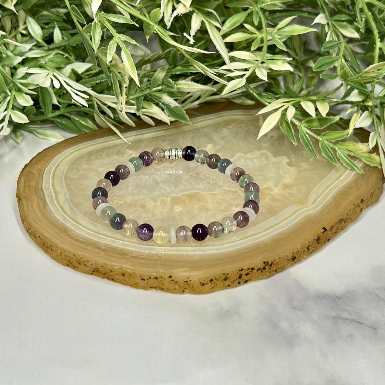 Fluorite and Quartz Crystal Stretch Bracelet - Artisan Made