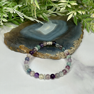 Fluorite and Quartz Crystal Stretch Bracelet - Artisan Made