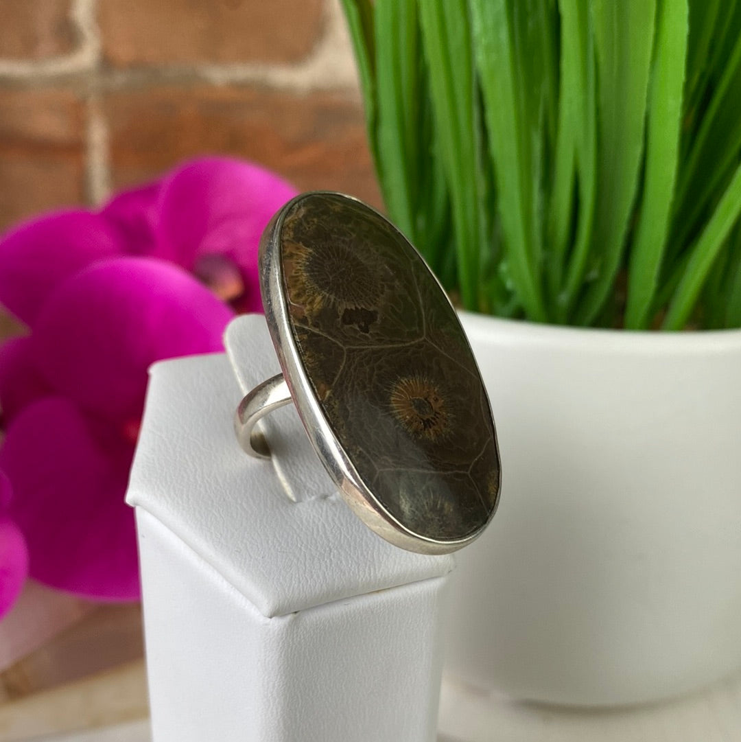 Fossilized Coral Gemstone Ring 1" with Sterling Silver Adjustable Band