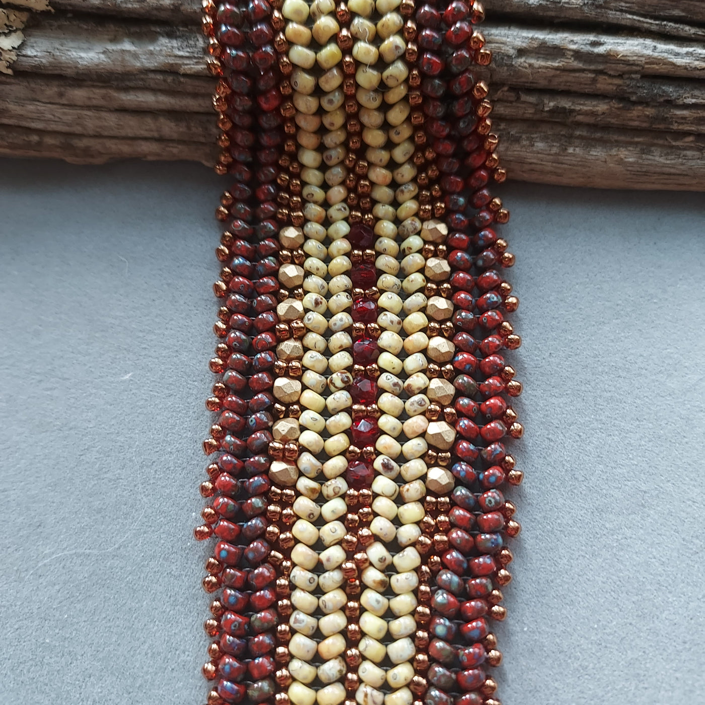 "Free Spirit" Garnet Beaded Herringbone Cuff Bracelet - Artisan Made