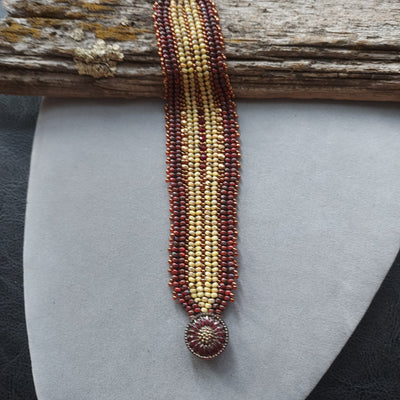 "Free Spirit" Garnet Beaded Herringbone Cuff Bracelet - Artisan Made