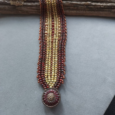 "Free Spirit" Garnet Beaded Herringbone Cuff Bracelet - Artisan Made
