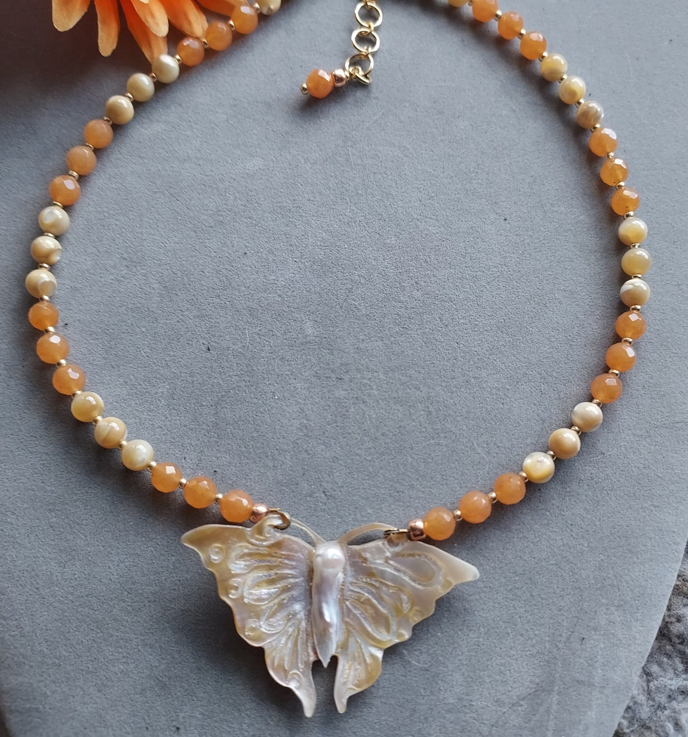"Free Spirit" Mother of Pearl Butterfly & Peach Moonstone Necklace - Artisan Made