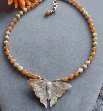 "Free Spirit" Mother of Pearl Butterfly & Peach Moonstone Necklace - Artisan Made