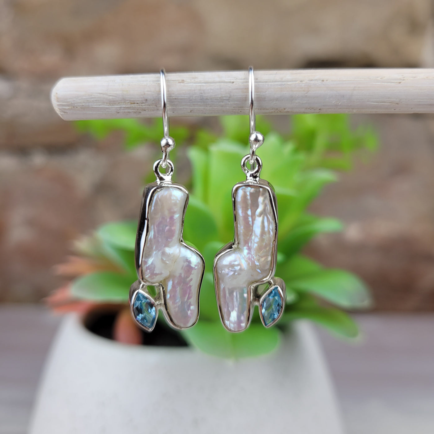 Freeform Pearl and Blue Topaz Accent Sterling Silver Earrings