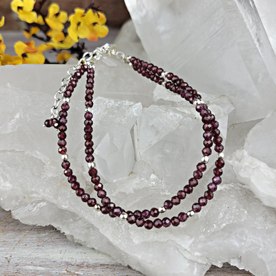 Garnet Beaded Double Strand Adjustable Bracelet or Anklet with Sterling Silver Clasp 7.75" to 9.5"