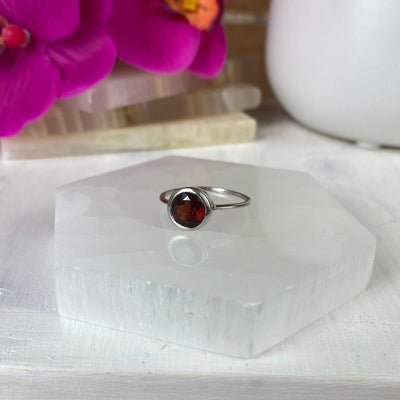 Garnet Gemstone Bezel Round Ring with sterling silver Sized Band