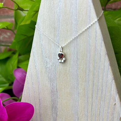 Garnet Paw Print Pendant Necklace with 16-18" Sterling Silver Adjustable Chain