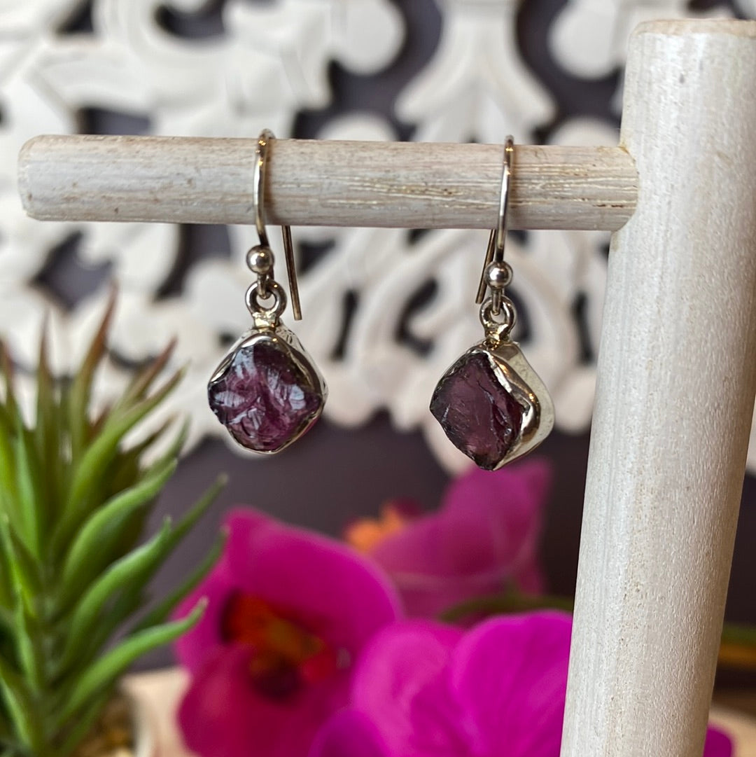 Garnet Rough Dangle sterling silver Earrings