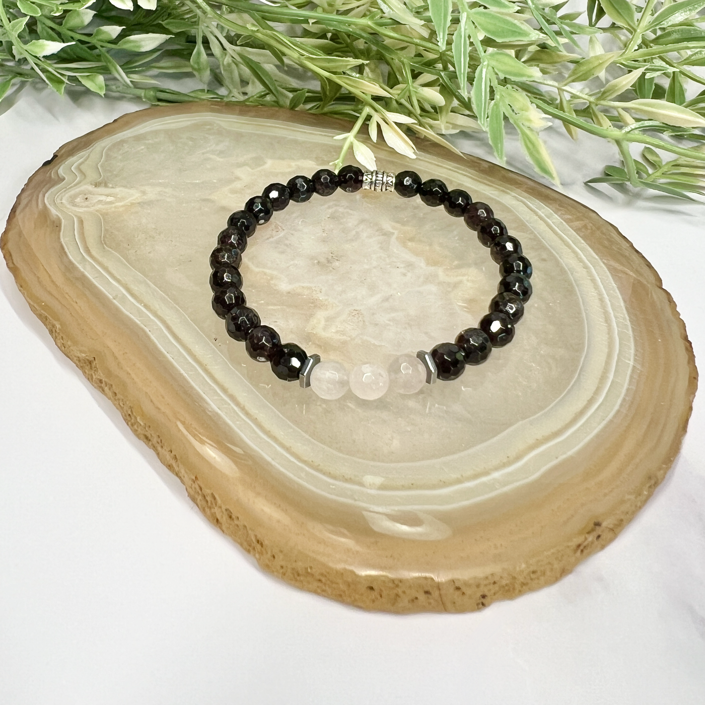 Garnet and Rose Quartz Stretch Bracelet- Artisan Made