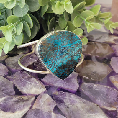 Gemstone Cuff Bangle Bracelet (5.5” interior) - Adjustable (Azurite, Zebra Jasper)