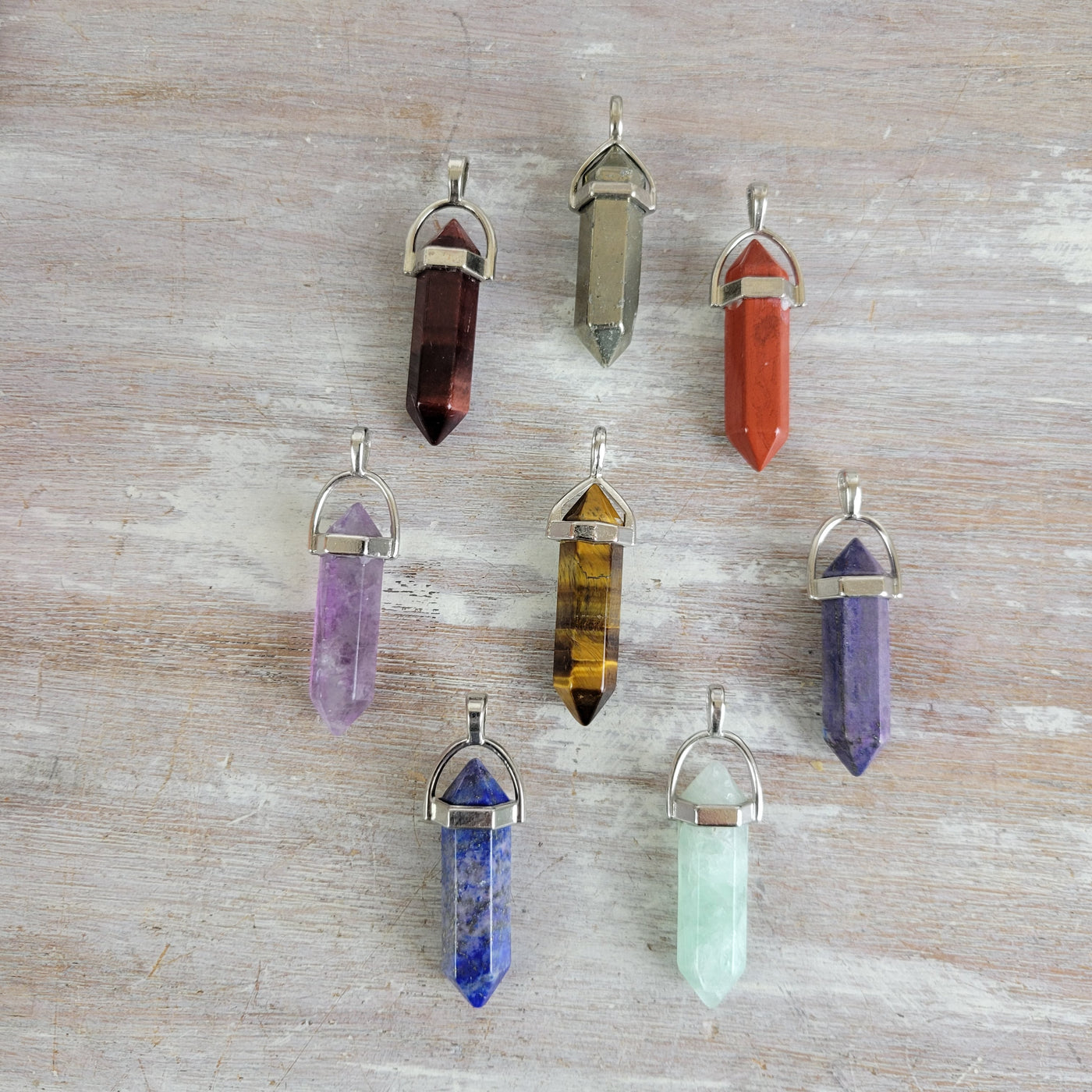 Gemstone Double Terminated Point Pendants 1" (Amethyst, Clear Quartz, Rose Quartz, Tiger's Eye, Pyrite, Opalite)