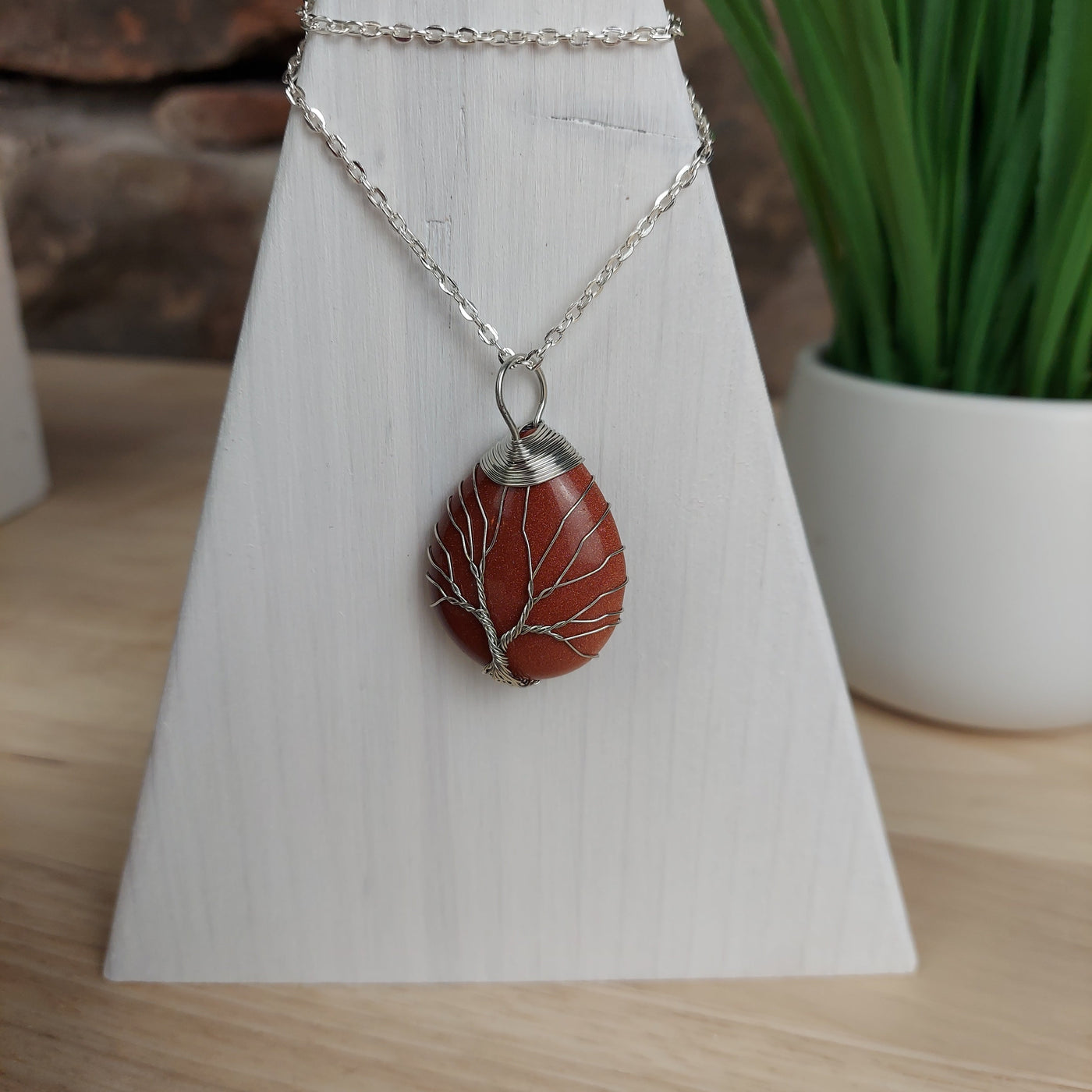 Gemstone Drop Tree of Life Wire Pendant - Assorted Stone