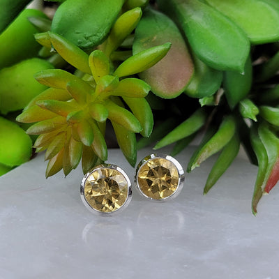 Gemstone Faceted Sterling Silver Round Cut Bezel Stud Earrings