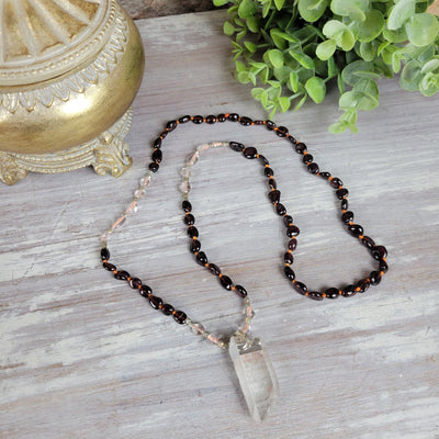 Gemstone Mala Beaded Necklace with Crystal Quartz Point 32" - Various Stones