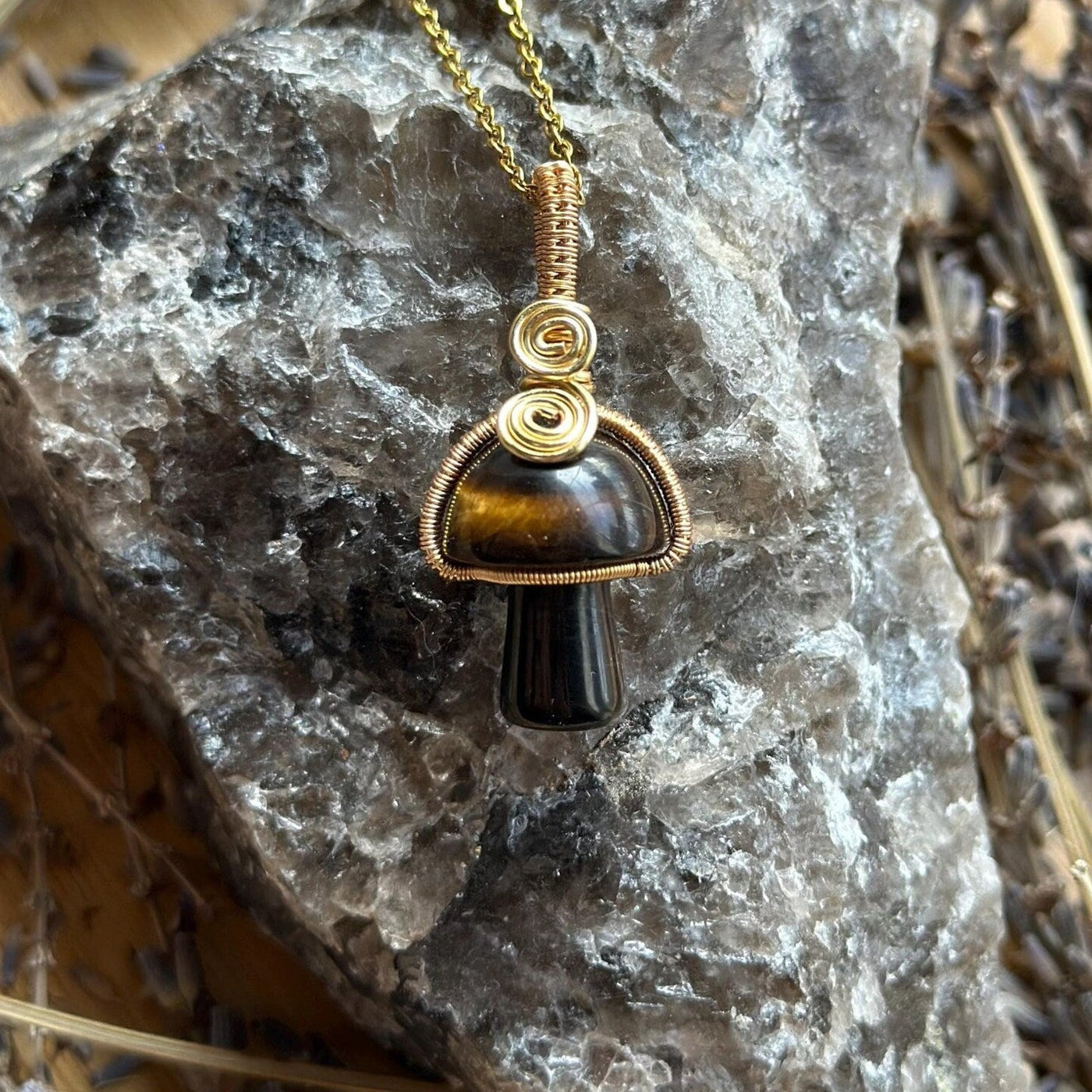Gemstone Mushroom Fidget Spinner Wire Wrapped Necklace Gold/Variants– Artisan Made