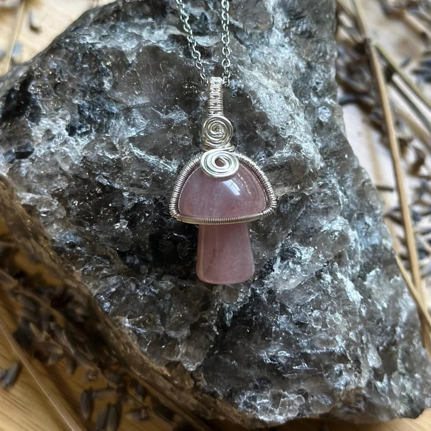 Gemstone Mushroom Fidget Spinner Wire Wrapped Necklace Silver/Variants– Artisan Made