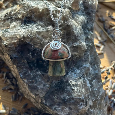 Gemstone Mushroom Fidget Spinner Wire Wrapped Necklace Silver/Variants– Artisan Made