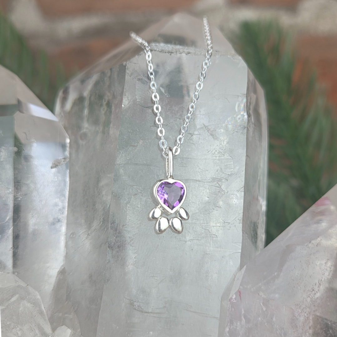 Gemstone Paw Print Pendant Necklace with 16-18" Sterling Silver Adjustable Chain