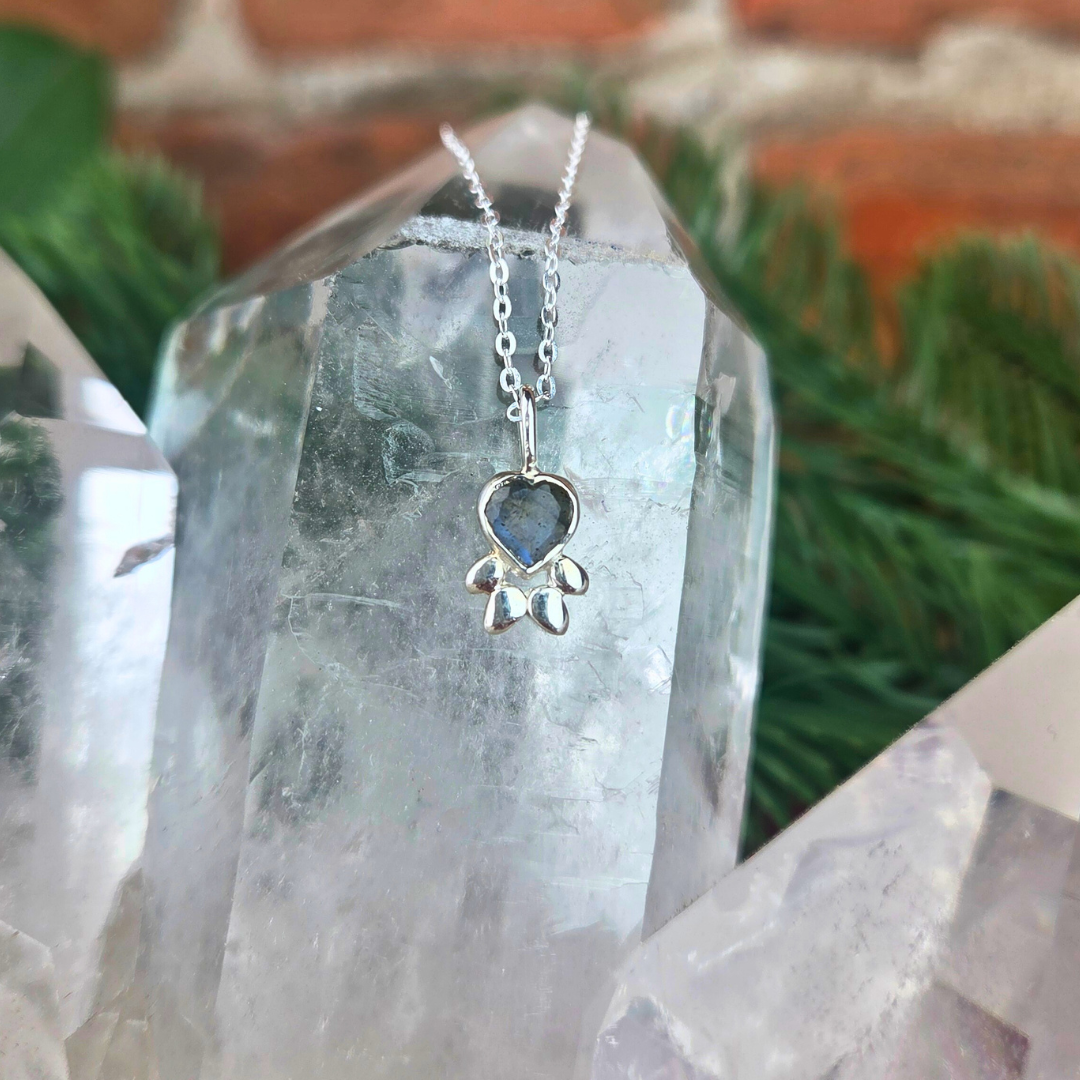 Gemstone Paw Print Pendant Necklace with 16-18" Sterling Silver Adjustable Chain