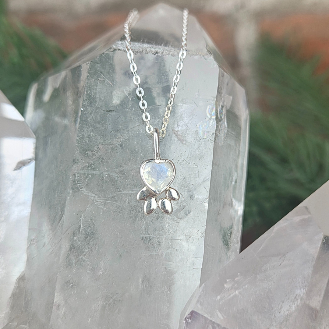 Gemstone Paw Print Pendant Necklace with 16-18" Sterling Silver Adjustable Chain