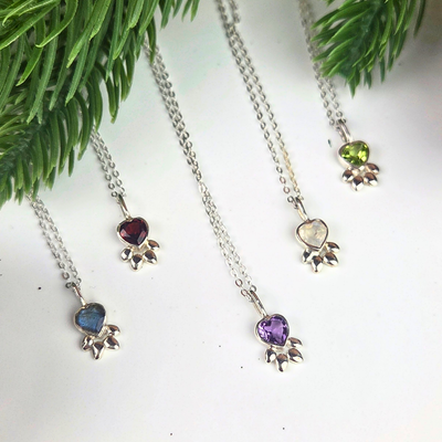 Gemstone Paw Print Pendant Necklace with 16-18" Sterling Silver Adjustable Chain