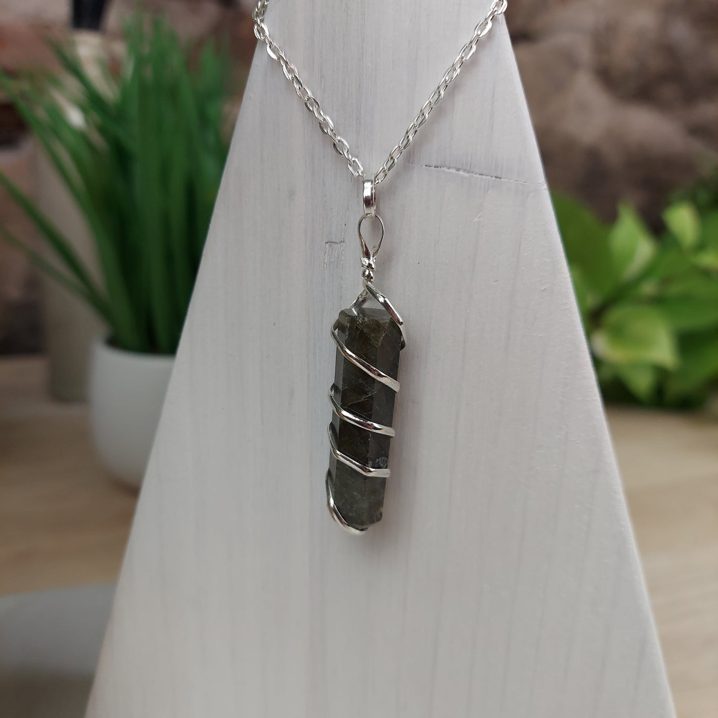 Gemstone Point Coil Pendant - Assorted (Amazonite, Selenite, Bloodstone, Tiger Eye, Sodalite)