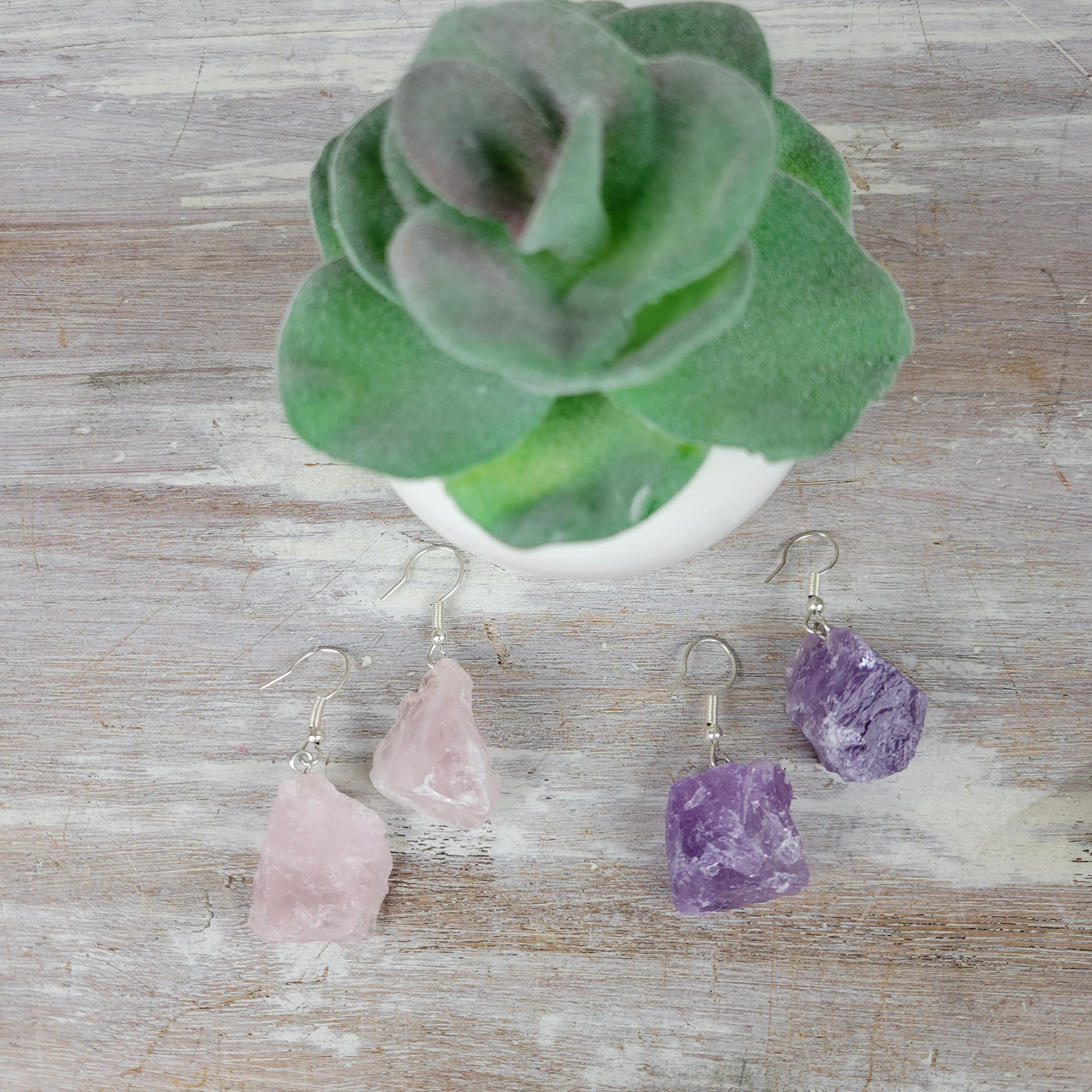 Gemstone Rough Earrings Amethyst or Rose Quartz