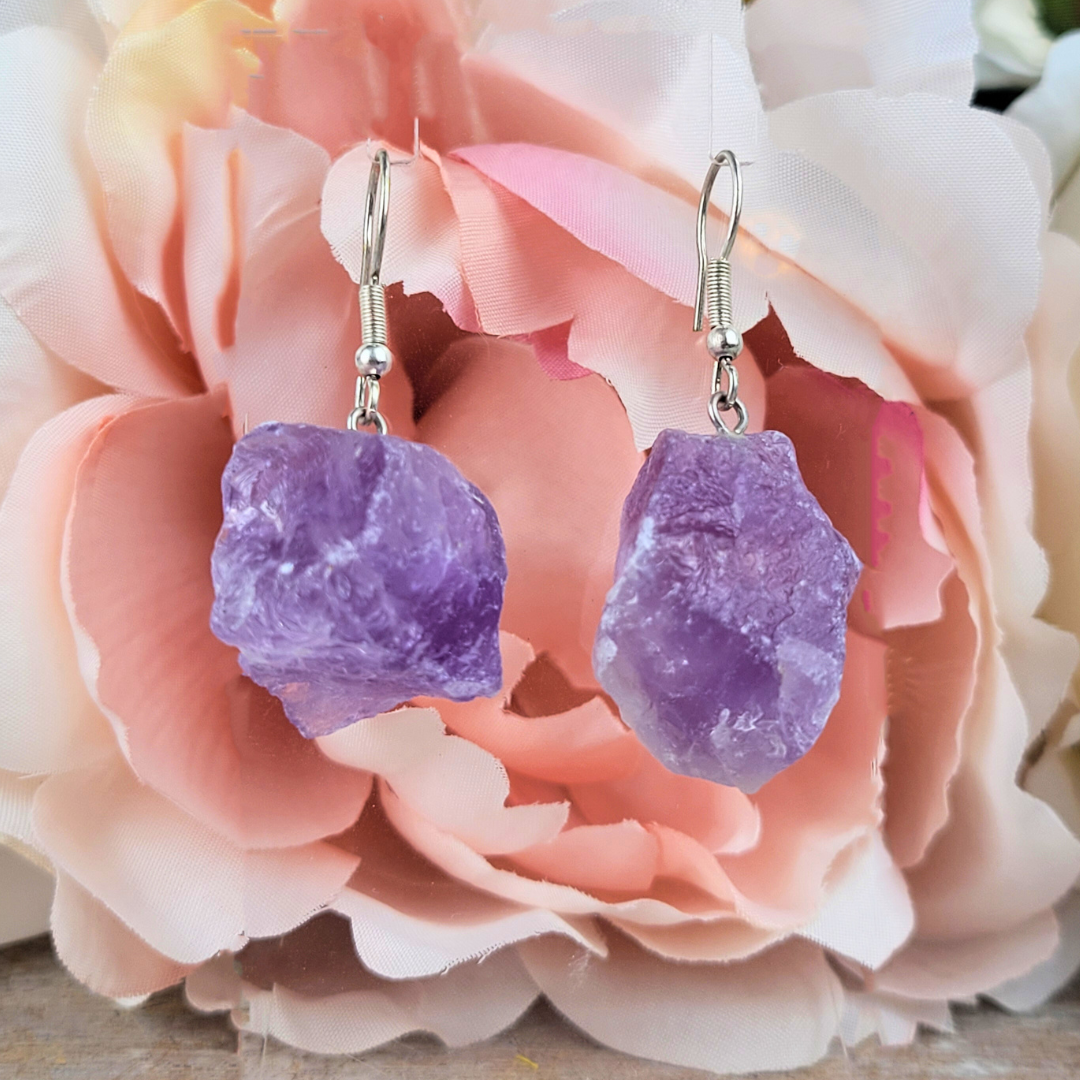 Gemstone Rough Earrings Amethyst or Rose Quartz