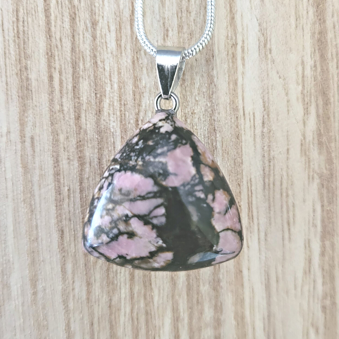 Gemstone Triangle Pendant-Flower and Botswana Agate & Rhodonite ~1"