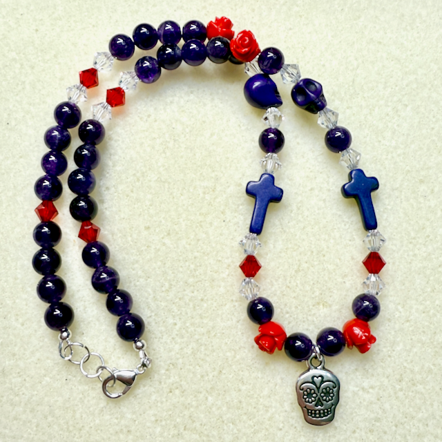 Gemstone and Czech Glass Day of the Dead Necklace- Artisan Made