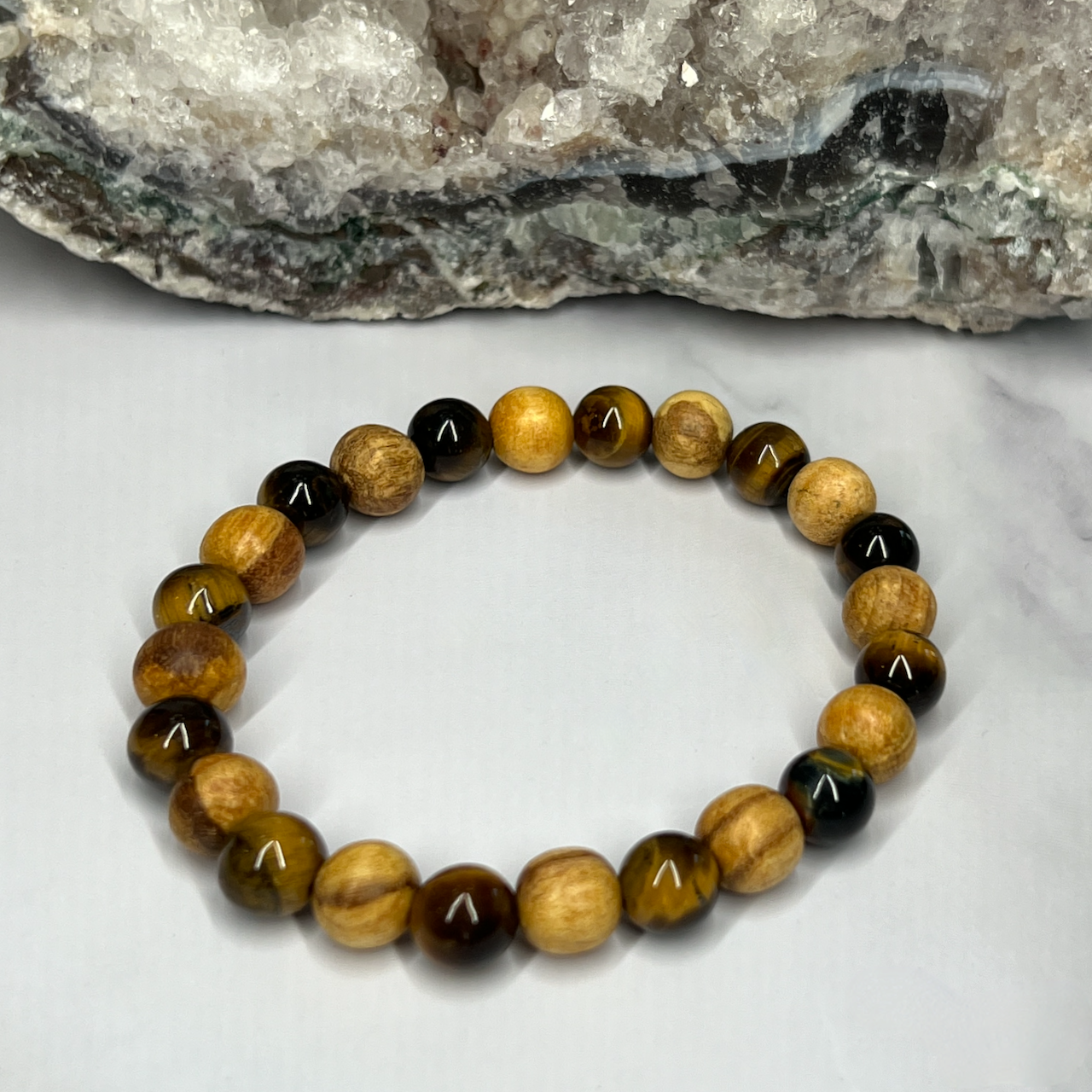 Gemstone and Palo Santo Unisex Stretch Bracelet - Artisan Made