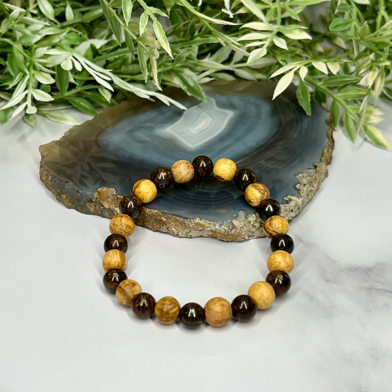 Gemstone and Palo Santo Unisex Stretch Bracelet - Artisan Made