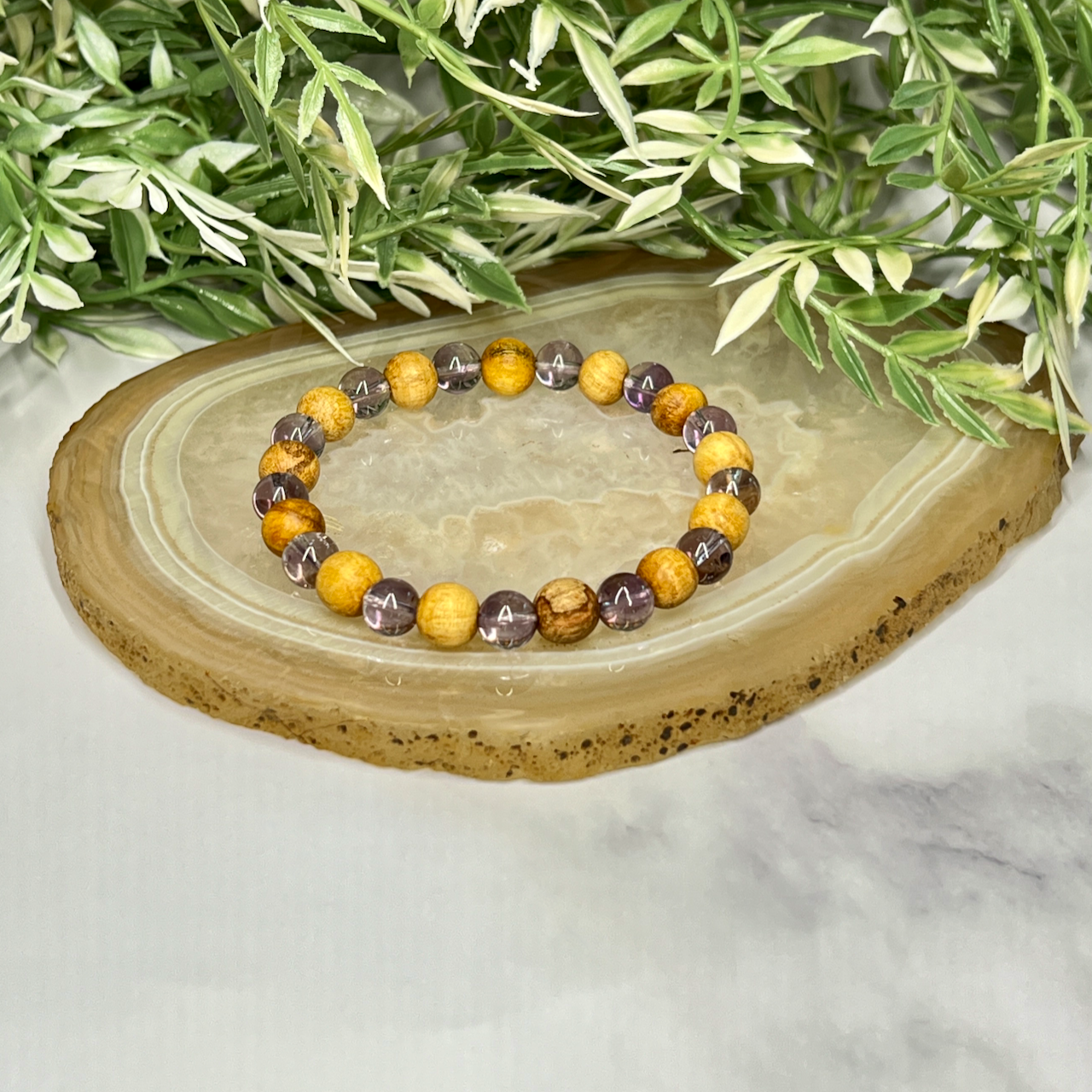 Gemstone and Palo Santo Unisex Stretch Bracelet - Artisan Made