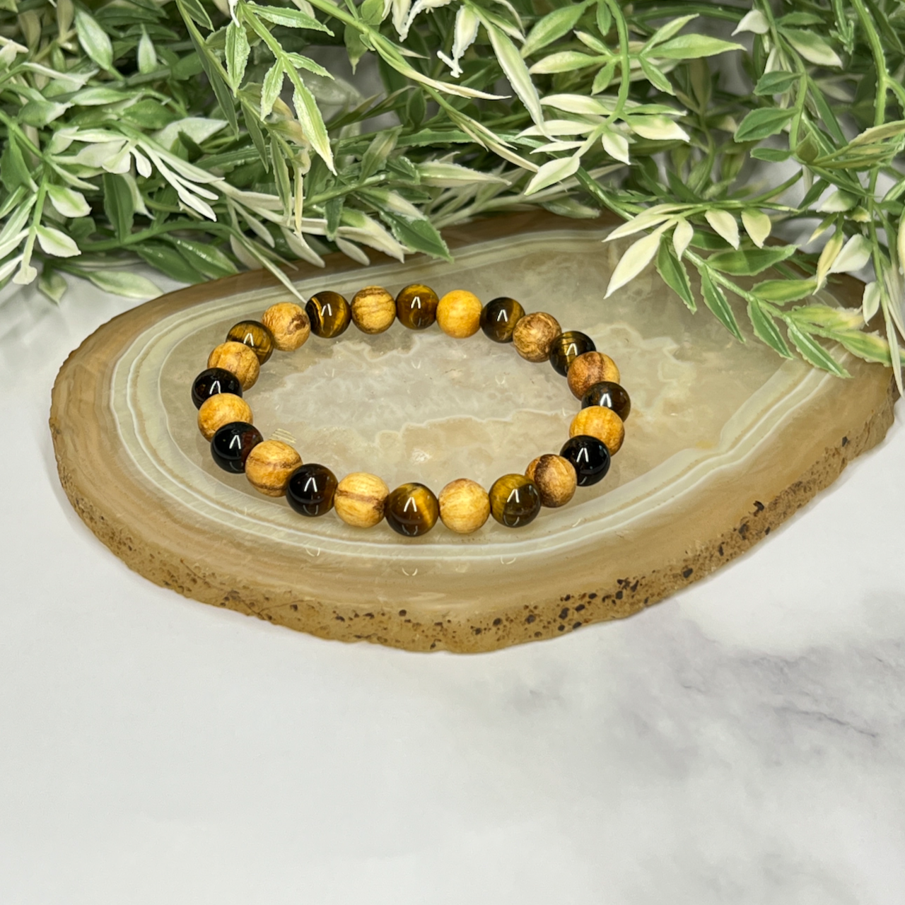 Gemstone and Palo Santo Unisex Stretch Bracelet - Artisan Made