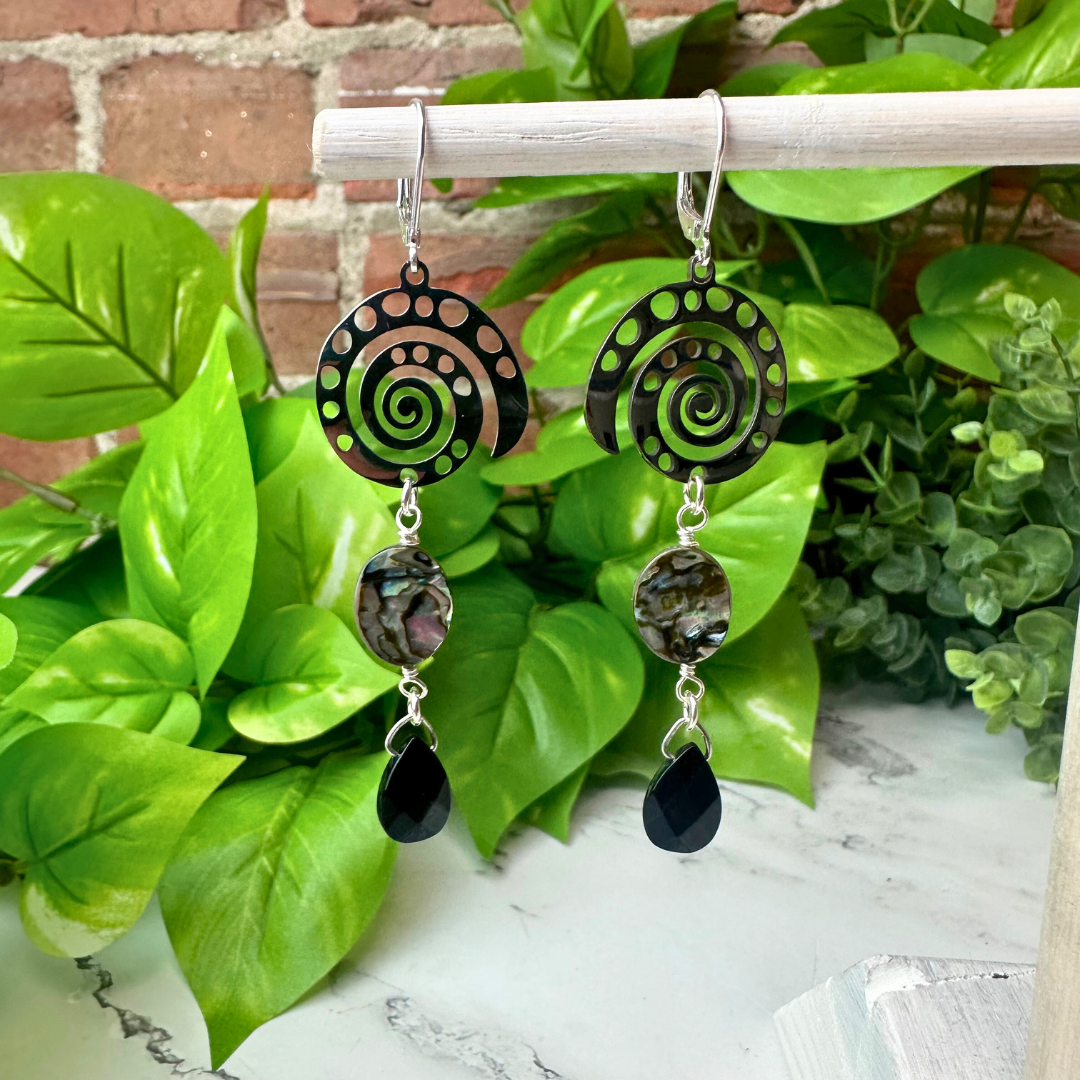 "Gifts from the Sea" Nautilus, Abalone & Black Onyx Earrings - Artisan Made