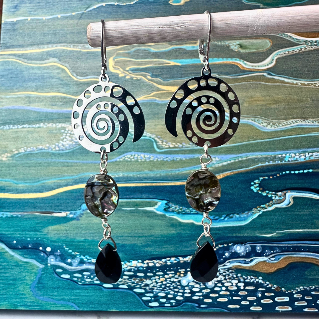 "Gifts from the Sea" Nautilus, Abalone & Black Onyx Earrings - Artisan Made