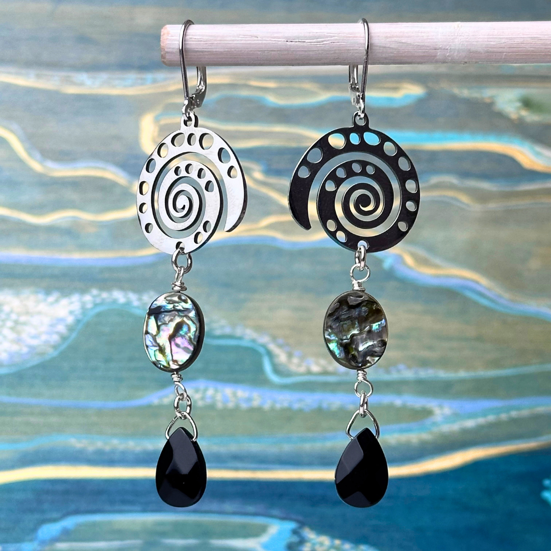 "Gifts from the Sea" Nautilus, Abalone & Black Onyx Earrings - Artisan Made