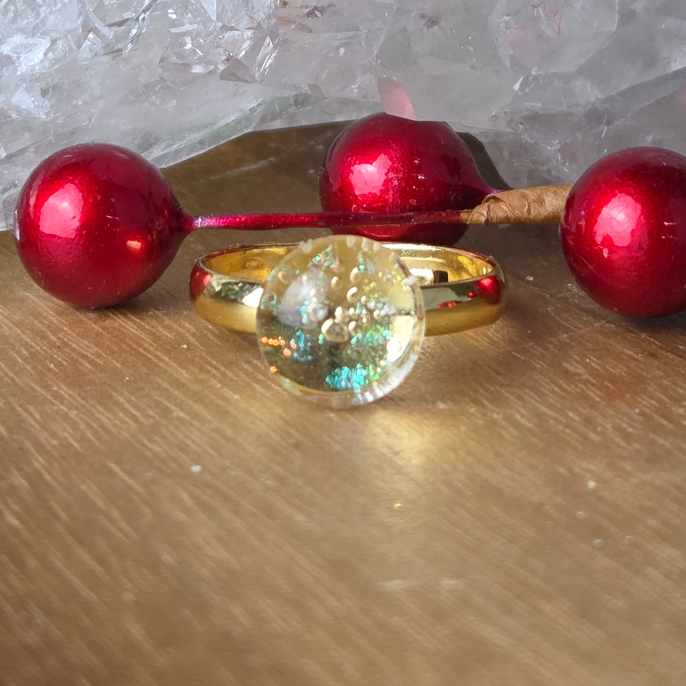 Gold Plated Adjustable Clear Dichroic Glass Ring- Artisan Made