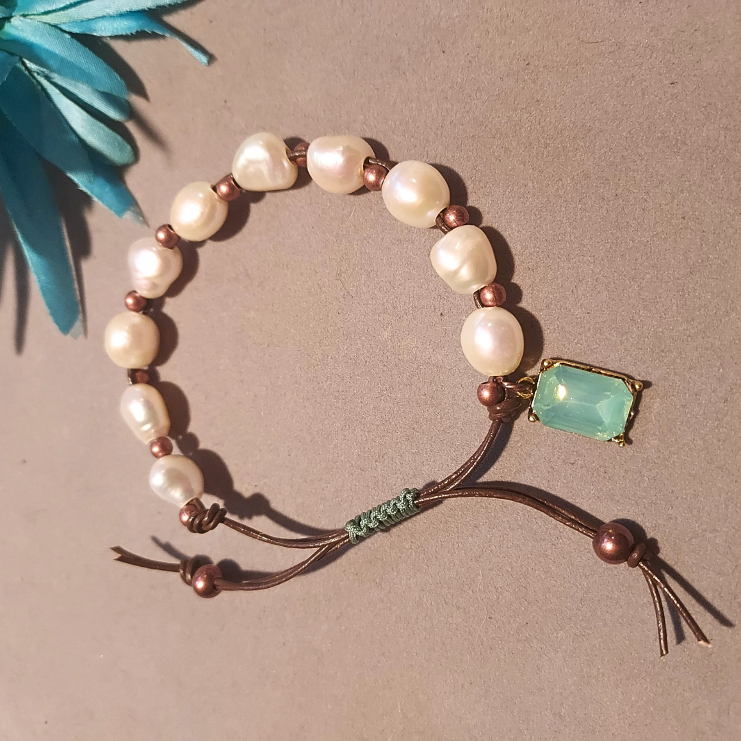 "Good Karma" Baroque Pearl Adjustable Leather Bracelet - Artisan Made